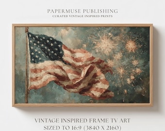 USA Fireworks Frame TV Art, Vintage American Flag Painting, Independence Day Download 16:9 #US7