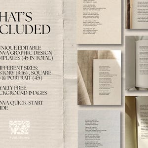 May include: A beige-toned graphic design featuring text that reads "WHAT'S INCLUDED" and lists 15 unique Canva graphic design templates, 3 different sizes, royalty-free background images, and a Canva quick-start guide. Several images of open books and printed pages are also included.
