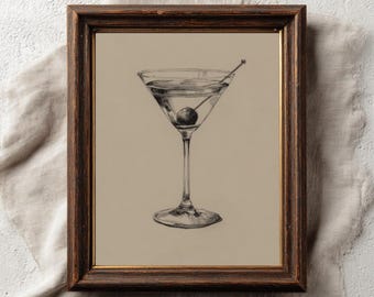 Impresión artística de Martini de Nochevieja, boceto de cóctel en blanco y negro, decoración de carrito de bar para Nochevieja, ilustración minimalista de bebida, descarga digital