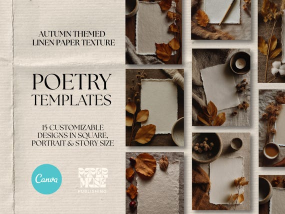 Fall Themed Linen Paper Texture Poetry Quote Canva Templates for Poets Writers Artists Authors | Instagram Posts and Stories Neutral Tones