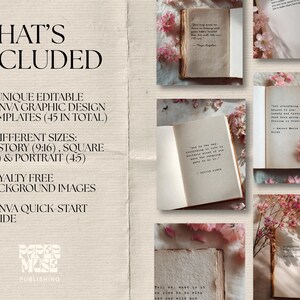 Pu&ograve; includere: Sfondo beige con il testo "COSA &Egrave; INCLUSO". Il testo elenca 15 modelli di progettazione grafica Canva modificabili, 3 dimensioni, immagini di sfondo royalty-free e una guida rapida di Canva. Libri e fiori sono anche nell'immagine.