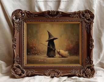 Söt häxa Halloween konstmålning, läskig höstmålning digital nedladdning, mörk akademi, utskrivbar väggdekor, stämningsfull vintage höstväggkonst