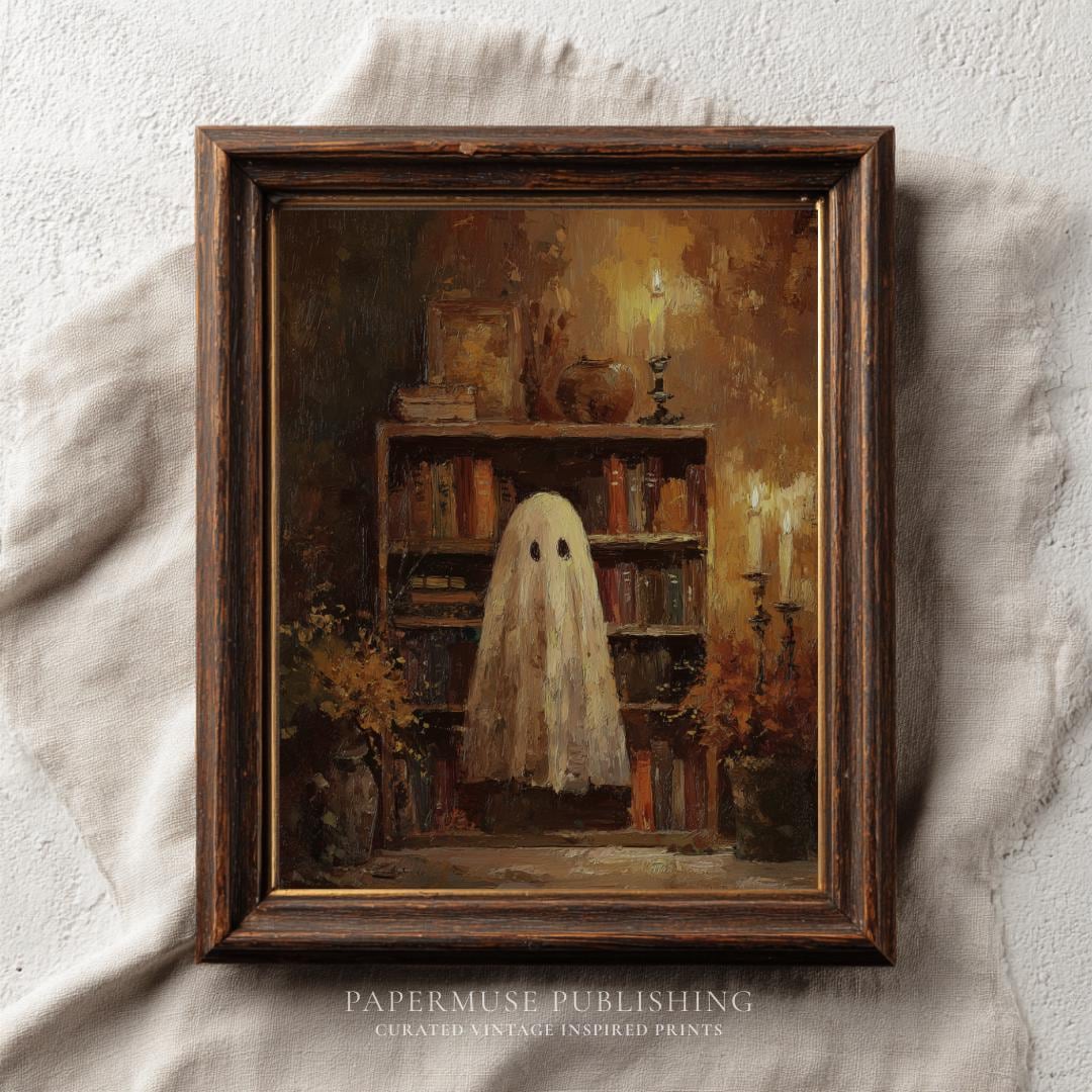 Vintage Bookish Ghost Art Print, Spooky Halloween Fall Painting Digital ...