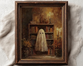 May include: A framed vintage-inspired print featuring a ghost standing in front of a bookshelf. The artwork has a warm color palette with a dark brown frame. The text "PAPERMUSE PUBLISHING" is at the bottom of the frame.