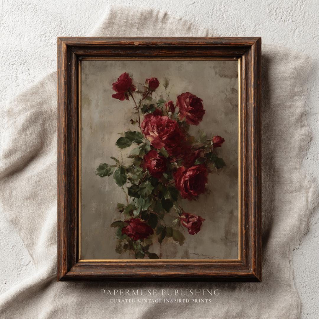 Vintage Red Rose Wall Art, Romantic Floral Painting, Antique Old World ...