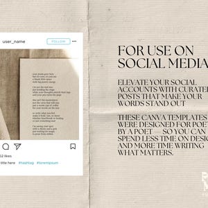 May include: Instagram post mockup with a poem on a cream-colored paper, set against a neutral backdrop. Text on the right side reads "FOR USE ON SOCIAL MEDIA" and "ELEVATE YOUR SOCIAL ACCOUNTS".