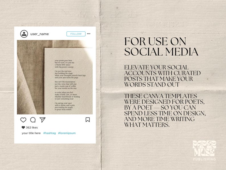 May include: Instagram post mockup with a poem on a cream-colored paper, set against a neutral backdrop. Text on the right side reads "FOR USE ON SOCIAL MEDIA" and "ELEVATE YOUR SOCIAL ACCOUNTS".