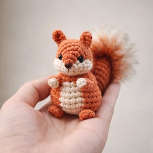 May include: A crocheted squirrel toy in orange, cream, and brown. The amigurumi squirrel has a fluffy tail. The squirrel's body is orange, with a cream-coloured belly and face. The tail is a mix of orange and white. The toy is held in a hand.