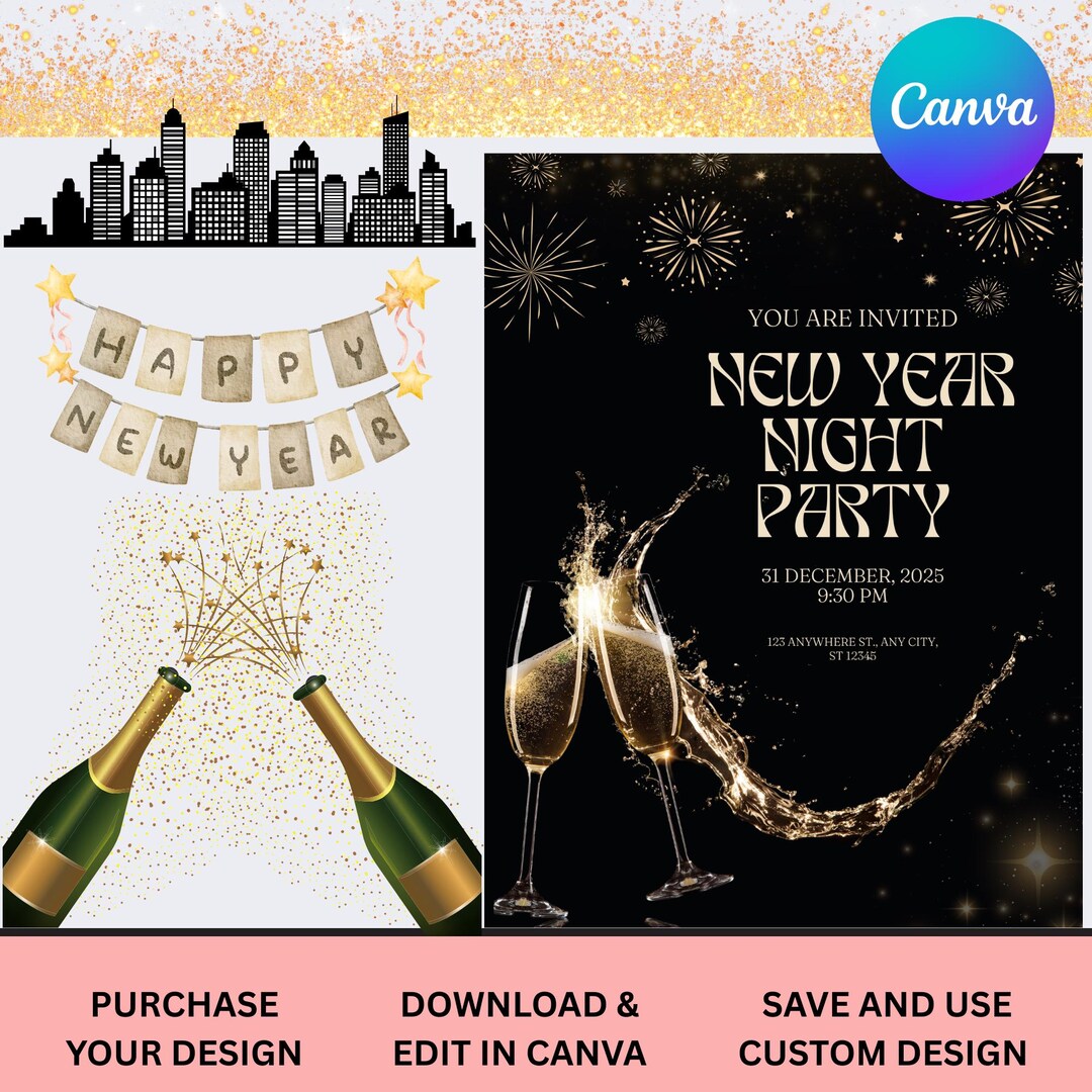 Black & Gold New Year Night Party Invitation | Champagne NYE Invite ...