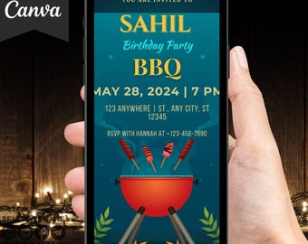 Invitación de cumpleaños editable para barbacoa/parrillada, invitación telefónica (plantilla de Canva)