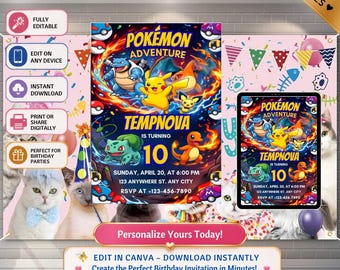 Invitación de cumpleaños Pokémon, descarga instantánea, invitación digital con temática de cartas Pokémon para fiesta de cumpleaños, Canva. Descarga digital.