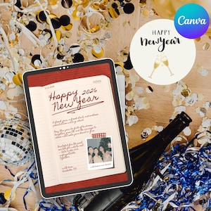 May include: A festive New Year's scene with a tablet displaying handwritten notes and the text "Happy New Year 2026." A champagne bottle, confetti, and a disco ball add to the celebratory atmosphere. The image includes the Canva logo.