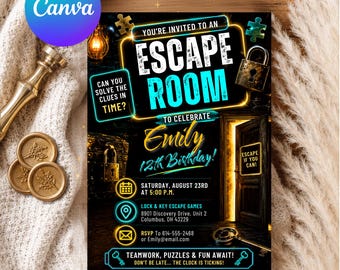 Invitación de cumpleaños con temática de Escape Room, tarjeta para fiesta de aventuras, plantilla editable de Canva (descarga digital)