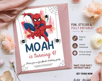 Invitación de cumpleaños de Spiderman, plantilla editable de Canva, rosas rojas, 15 cumpleaños (descarga digital)