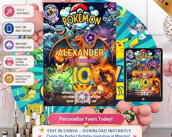 Editable Pokemon Birthday Invitation, Pokemon Adventure Card Theme For Birthday Party Invite, Customize Kids Birthday Card Canva Template