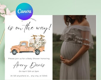 Fall Baby Shower Invitation with Photo, Pumpkin Baby Shower Invite, Little Pumpkin Is On The Way, Autumn Baby Shower Editable Template