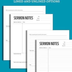 Notes de sermon PDF imprimable, téléchargement numérique, avec et sans doublure