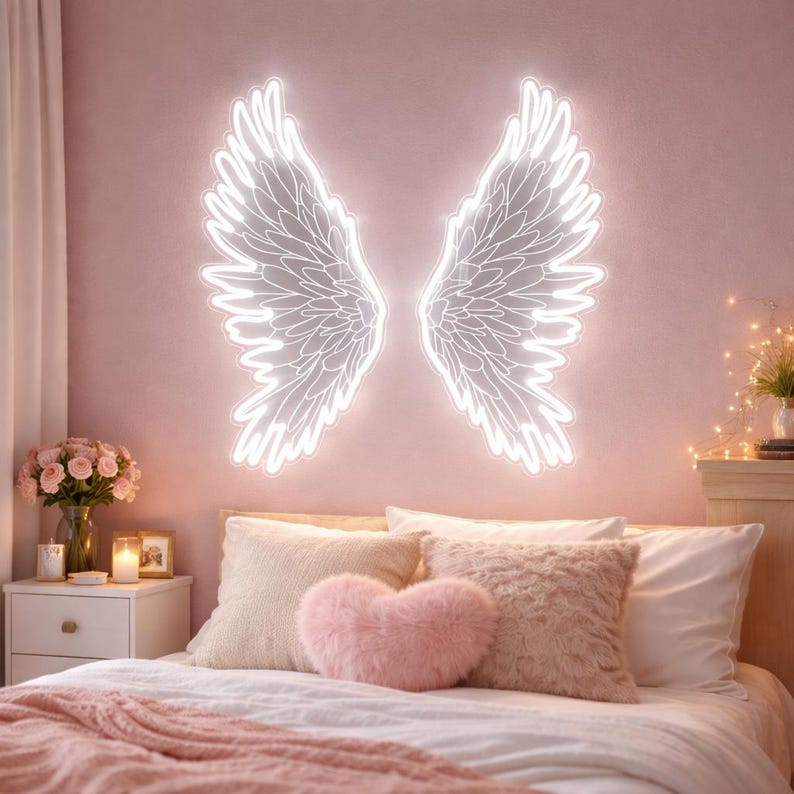 May include: A pair of illuminated white neon angel wings mounted on a pink wall above a bed. The wings feature detailed feather patterns outlined in bright white light, creating a glowing effect against the solid pink background.