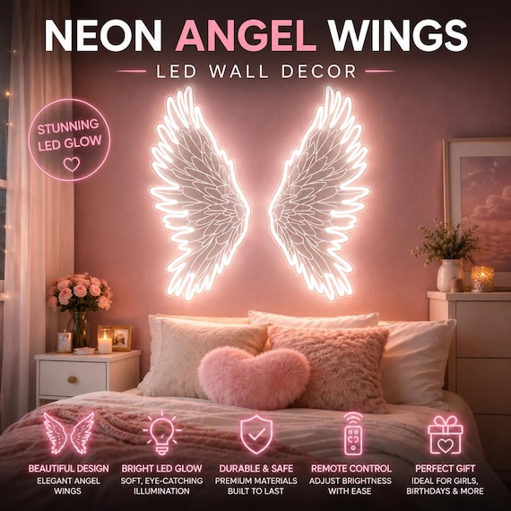 Angel Wings Wall Light, LED Wing Decor, Fairy Wings Neon Sign, Bedroom Wall Art, Dorm Room Decor