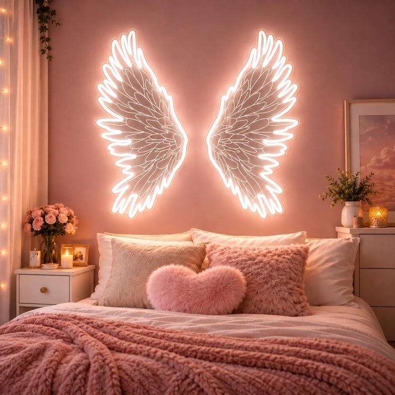 May include: A pair of glowing white neon angel wings mounted on a wall above a bed. The wings feature detailed feather outlines and emit a bright light, positioned symmetrically over a bed with pink pillows and a textured pink throw blanket.