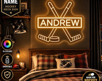 Personalisierte Neon-Wandleuchte mit Hockey-Namen | Individuelle Sport-Neonleuchte fürs Jungenzimmer | Eishockey-Deko | Neon-Geschenk fürs Kinderzimmer
