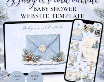 May include: A digital baby shower website template featuring a winter theme with a light blue envelope, snowflake patterns, pine cones, and berries. The display shows a tablet and smartphone screen with text including Baby it's cold outside.