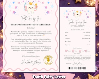 Tooth Fairy Letter and Receipt for Girls, Printable Tooth Fairy Note, First Lost Tooth Keepsake, Editable Template Instant Download