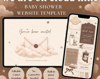 May include: A digital baby shower website template featuring a brown background with clouds and stars. The design includes an envelope graphic with the text "we are on cloud nine" and "You've been invited," plus mobile views showing event details.