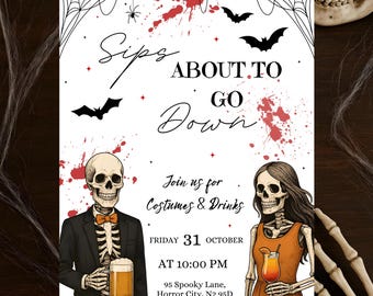 Puede incluir: Invitación a una fiesta de Halloween con fondo blanco, telarañas, murciélagos y salpicaduras de sangre. El texto dice "Sips About to Go Down" y "Join us for Costumes & Drinks". Incluye ilustraciones de esqueletos y detalles del evento.