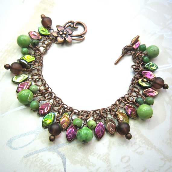 Items similar to Leafy woodland bracelet, pink, green, chrysoprase on Etsy