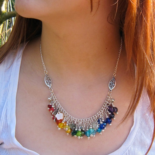 Rainbow charm necklace, umbrella, sun