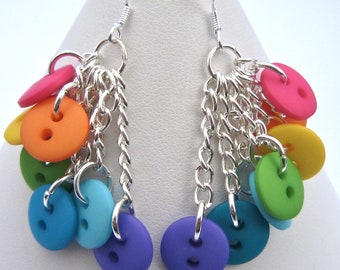 Rainbow button earrings, dangle, chain