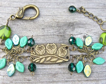 Green owl bracelet, leafy, woodland, owls,