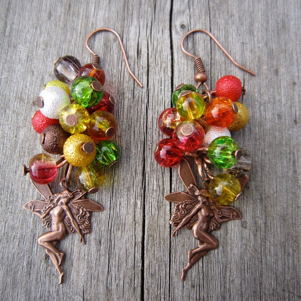 Autumn Fairy earrings - cluster earrings - berry earrings -  gold, brown, red, green