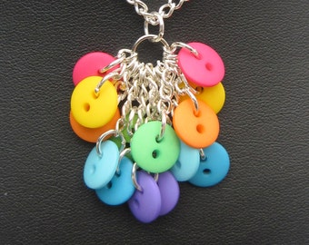 Rainbow button necklace, button rainbow cluster