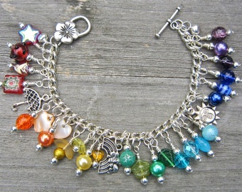 Rainbow charm bracelet - colourful charm bracelet - umbrella, sun