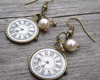 Clock Face Earrings, Roman Numerals, antiqued bronze