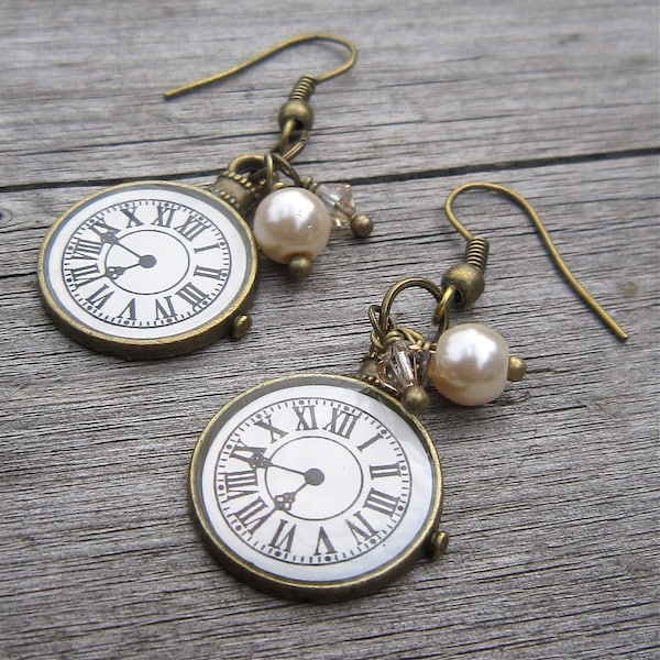 Clock Face Earrings, Roman Numerals, antiqued bronze