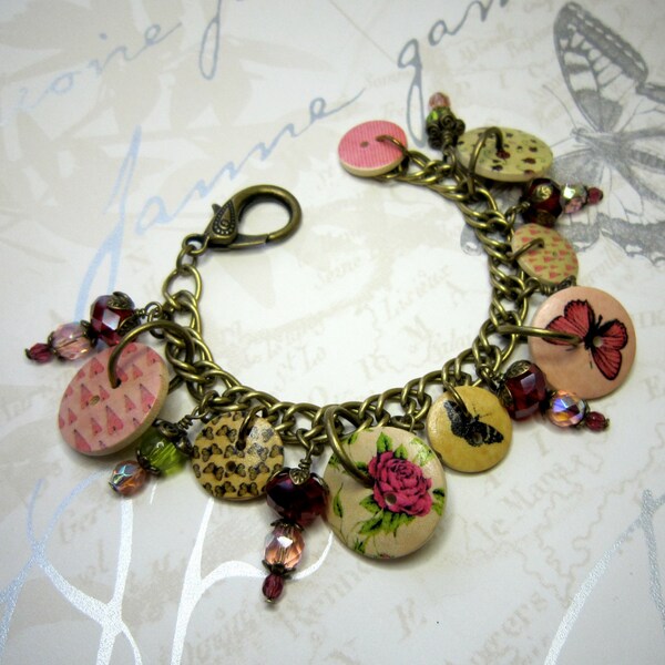 Butterfly button bracelet, pink, green, flowers, hearts