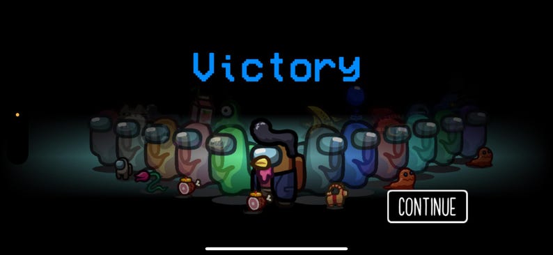 K&ouml;nnte beinhalten: Digitale Illustration aus dem Spiel Among Us, mit einer Gruppe farbenfroher Crewmitglieder. Das Wort "Victory" wird in blauem Pixeltext angezeigt. Eine "Continue"-Schaltfl&auml;che ist unten rechts sichtbar.