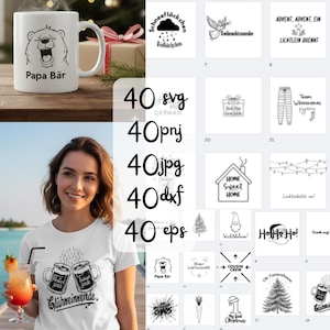 Op de afbeelding: Witte keramische mok met een zwarte berenillustratie en de tekst "Papa Bär". Een vrouw draagt een wit t-shirt met een afbeelding van twee mokken en de tekst "Glühweinwende". De afbeelding bevat ook andere vakantie-thema graphics.