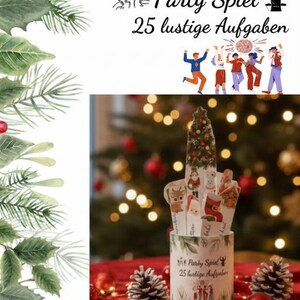 May include: A party game with the text "Party Spiel 25 lustige Aufgaben" is displayed. The game features cards with festive illustrations, set against a Christmas tree backdrop with baubles and pinecones.