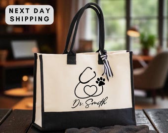 Custom Veterinarian Canvas Tote Bag, Personalized Vet Gift, Everyday Professional Carry for Clinic, Students, or Animal Lovers