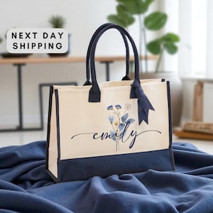 Custom Flower Month Canvas Tote Bag, Personalized Floral Design Tote, Birthday Gift for Women, Everyday Eco-Friendly Bag