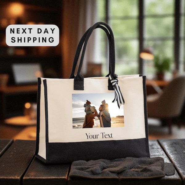 Family Photo Tote, Custom Photo Tote Bag, Personalized Picture Bag, Your Text Canvas Tote, Memory Gift Bag