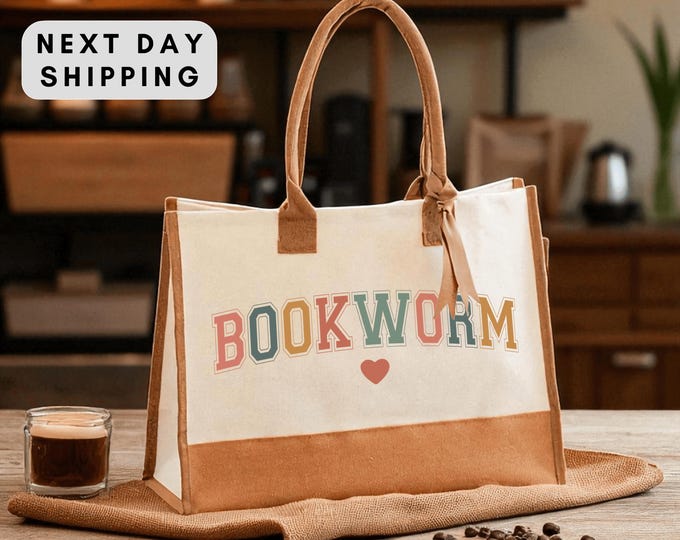 Bookworm Canvas Tote Bag, Reading Tote, Library Bag, Gift for Book Lovers, Everyday Reusable Tote