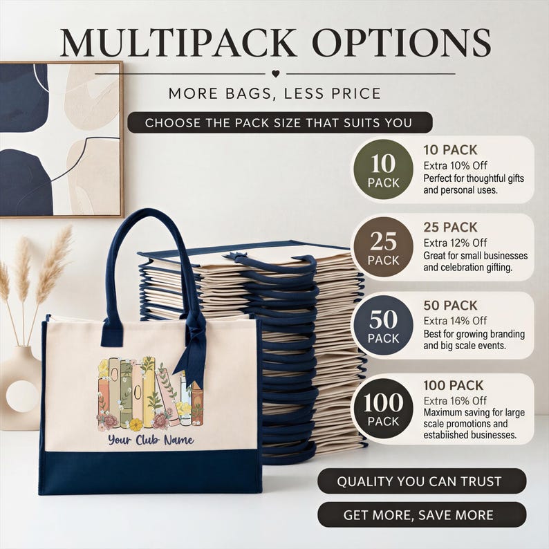 The image is an advertisement for a multipack option, featuring a handbag with a book design and stacks of books. The text highlights the various pack sizes available and their respective prices, with the goal of providing customers with options that suit their needs and budget.
