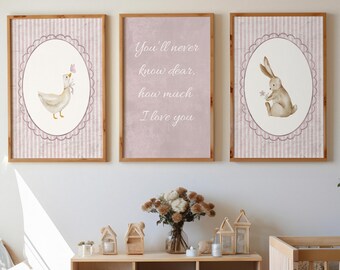 Láminas de conejito y ganso para habitación infantil: Decoración rústica vintage (descarga digital)
