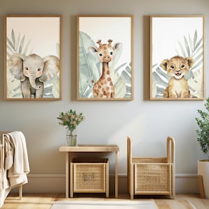 Safari Nursery Decor Set of 3, Watercolor Safari Animals, Elephant Giraffe Lion Wall Art, Neutral Jungle Baby Nursery Prints