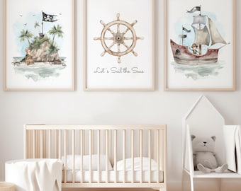 Conjunto de Arte de Parede para Quarto de Bebê com Tema Pirata, Decoração Náutica para Quarto Infantil, Gravuras de Navios Piratas e Ilhas, Arte de Aventura para Quarto de Bebê, Gravuras Neutras para Quarto de Menino